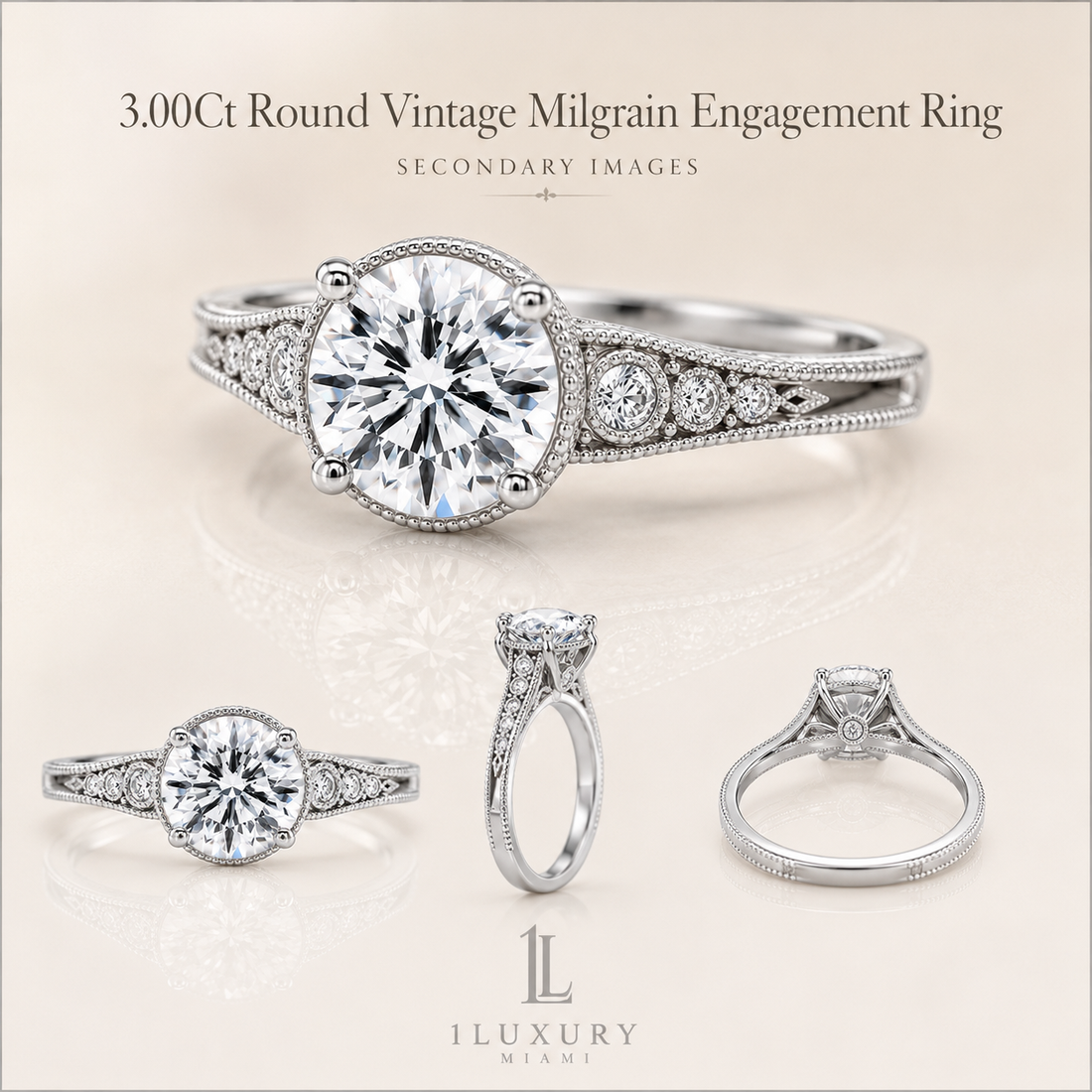 Round vintage milgrain lab-grown diamond engagement ring with bezel-set accents in white gold-tone, front view