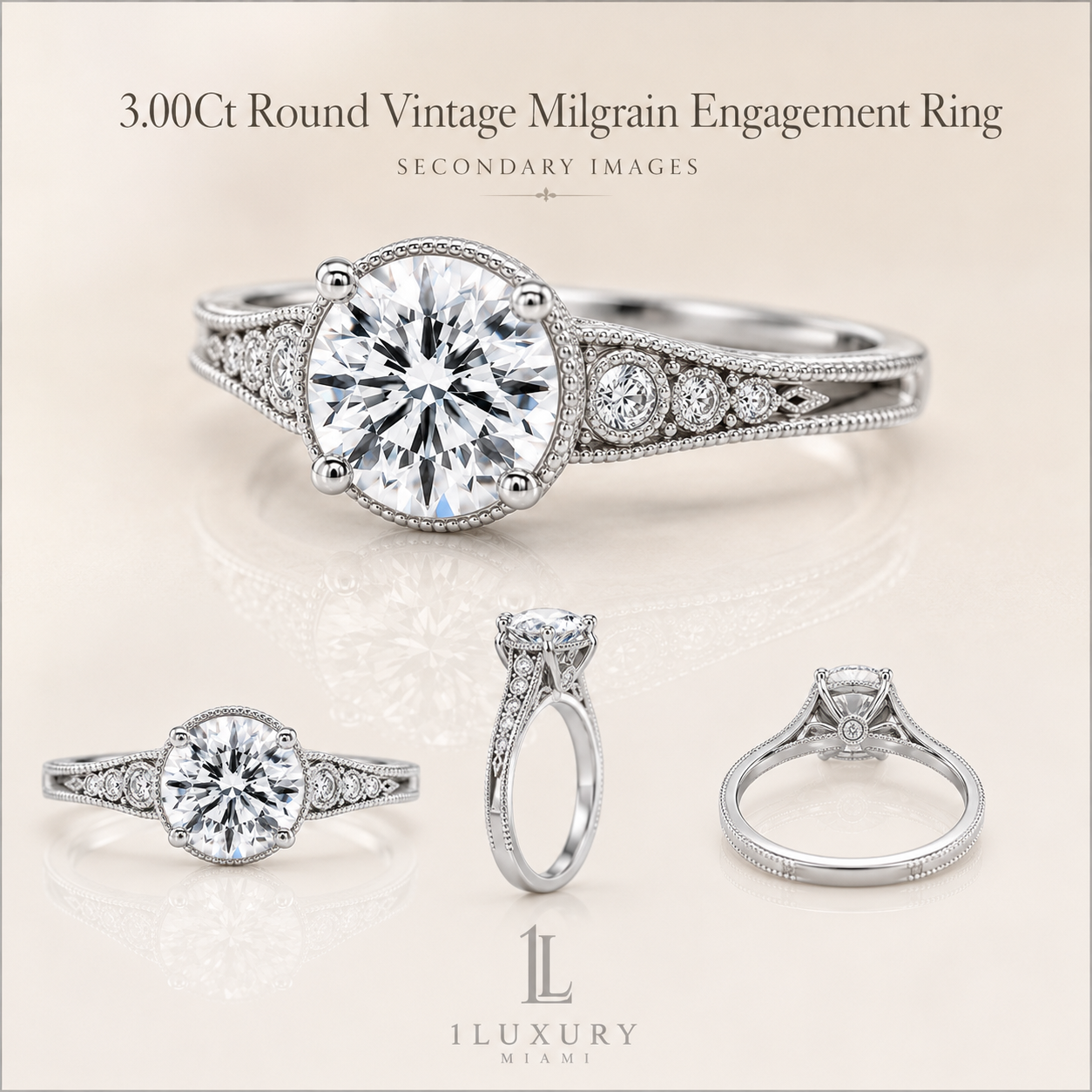 Round vintage milgrain lab-grown diamond engagement ring in white gold-tone, four secondary views