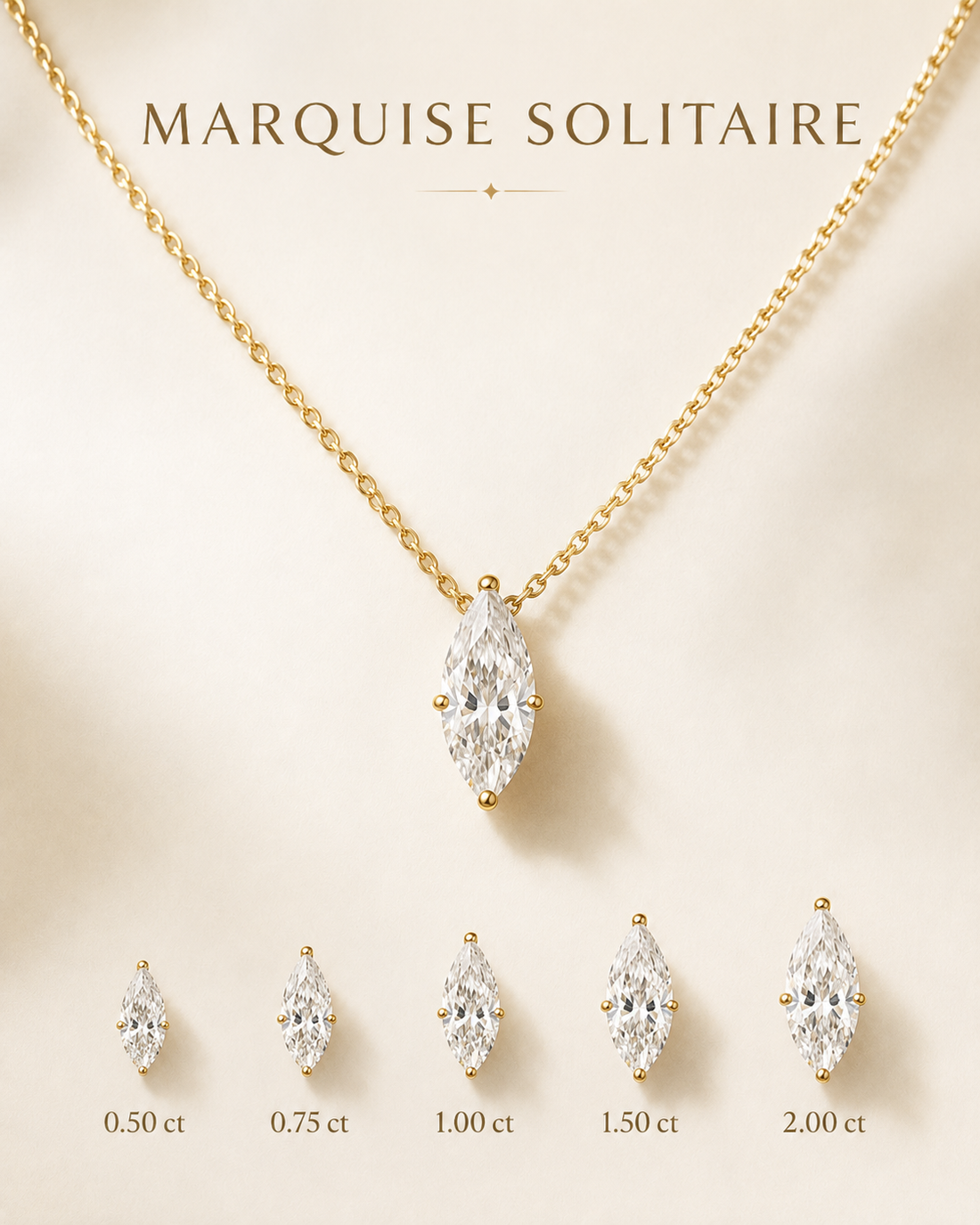 1Luxury Miami marquise-cut lab-grown or natural diamond solitaire necklace in solid gold with 18-inch cable-link chain — digital design representation