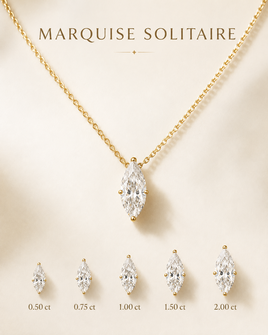 1Luxury Miami marquise-cut lab-grown or natural diamond solitaire necklace in solid gold with 18-inch cable-link chain — digital design representation