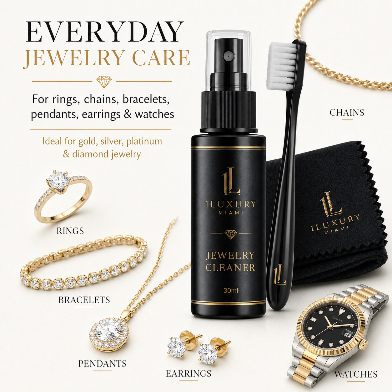 1Luxury Miami Jewelry Cleaner Kit – 30ml Spray, Brush & Polishing Cloth