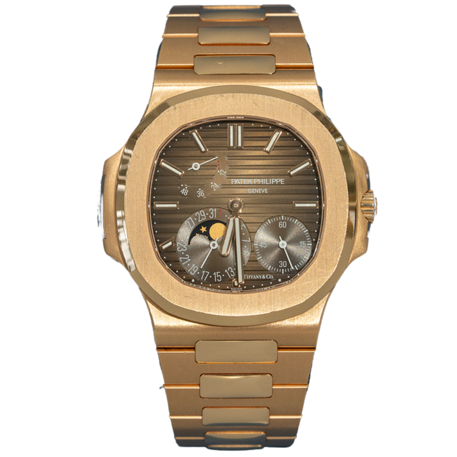 Patek Philippe Nautilus ref. 5712/1R rose gold moon-phase watch listed Tiffany stamp