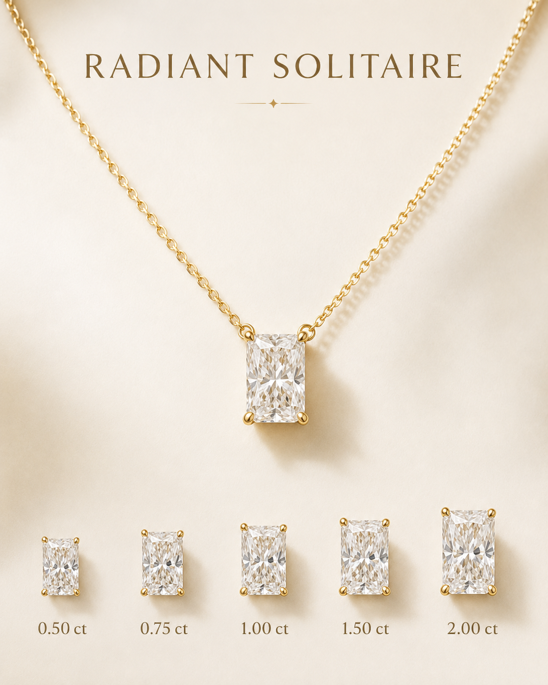 1Luxury Miami radiant-cut lab-grown or natural diamond solitaire necklace in solid gold with 18-inch cable-link chain — digital design representation