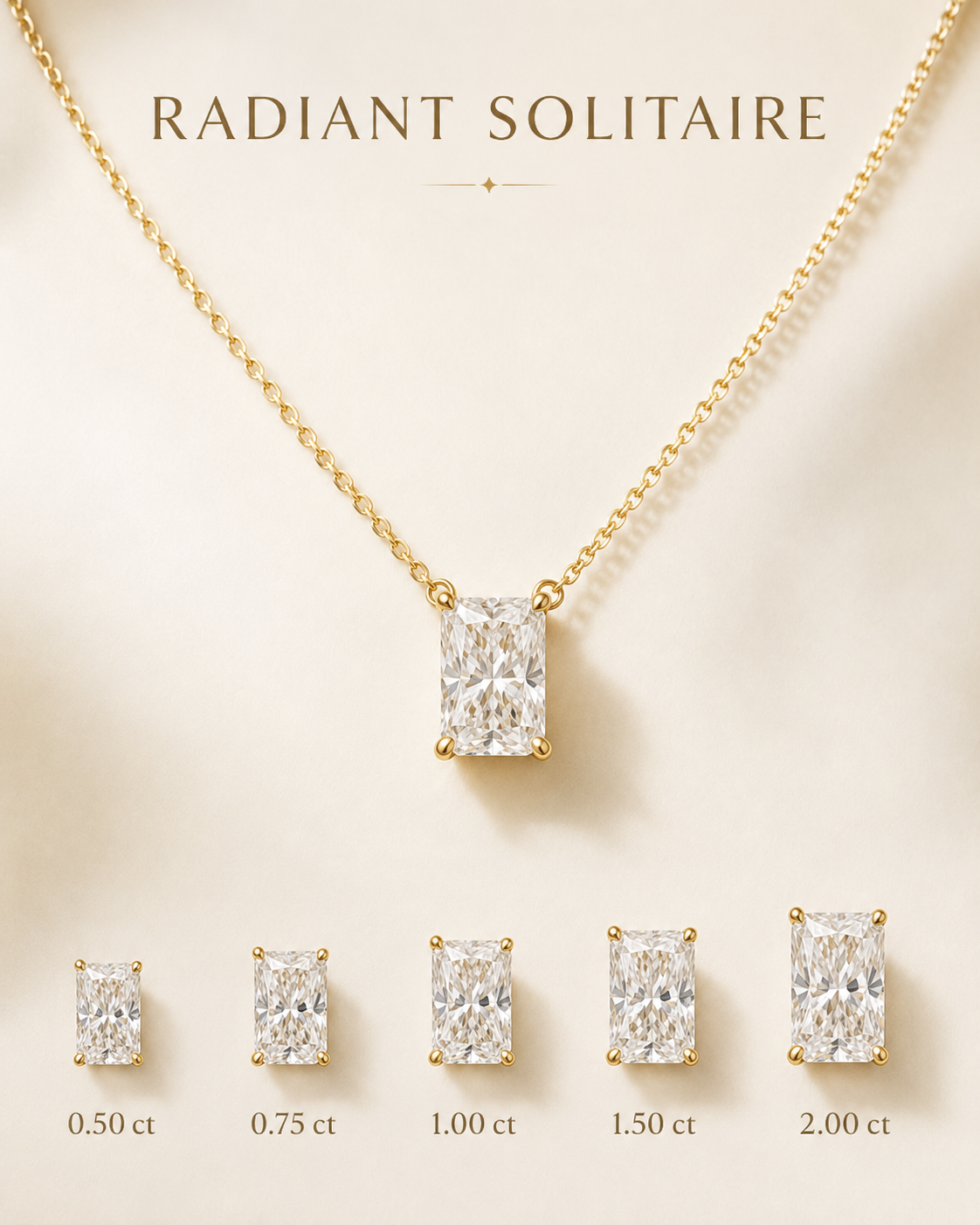 1Luxury Miami radiant-cut lab-grown or natural diamond solitaire necklace in solid gold with 18-inch cable-link chain — digital design representation
