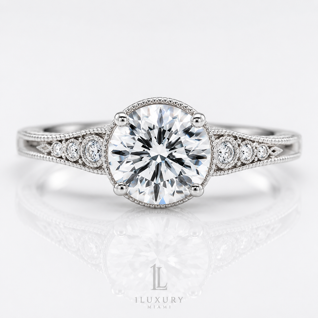 Round vintage milgrain lab-grown diamond engagement ring with bezel-set accents in white gold-tone, front view
