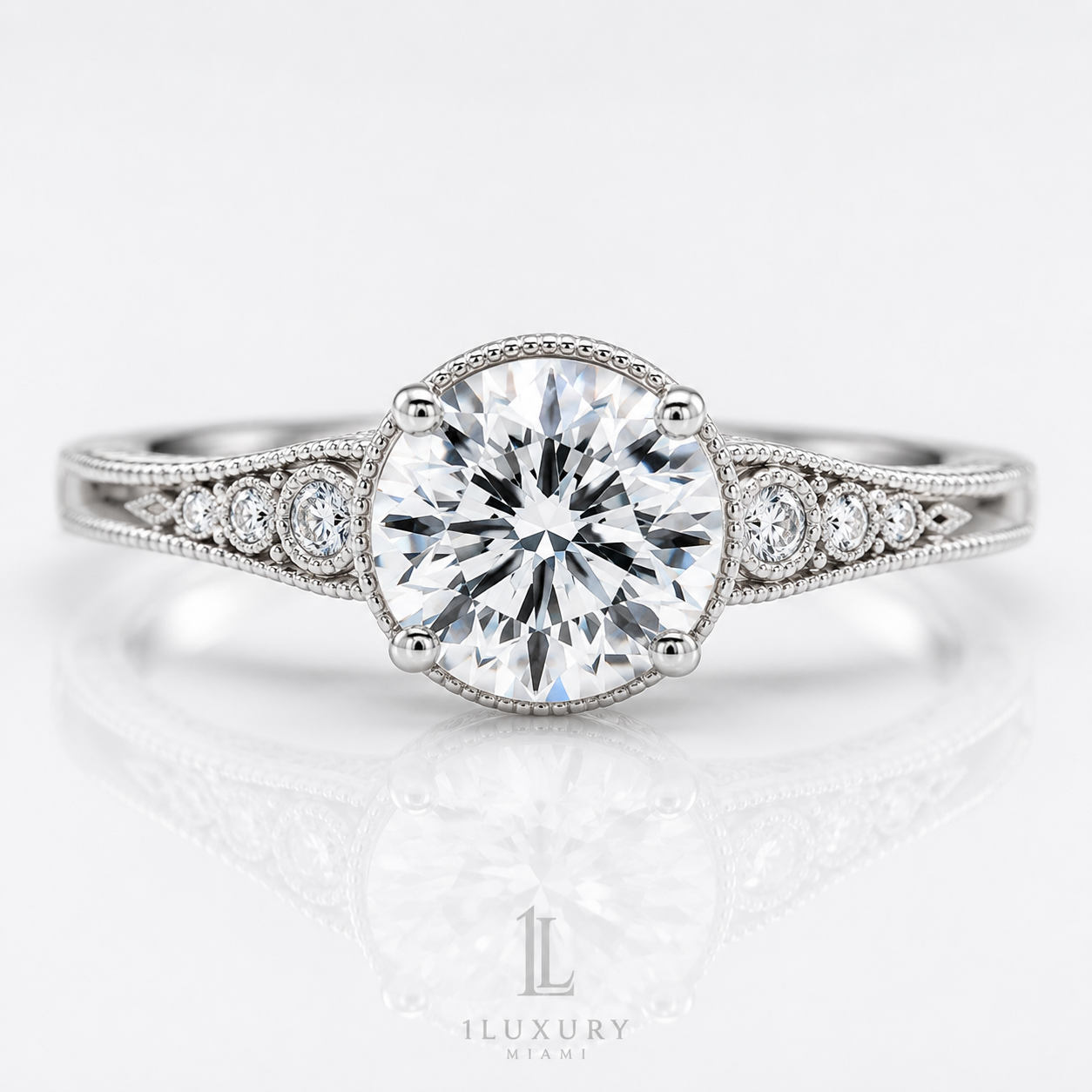 Round vintage milgrain lab-grown diamond engagement ring with bezel-set accents in white gold-tone, front view