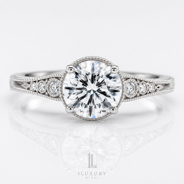 Round vintage milgrain lab-grown diamond engagement ring with bezel-set accents in white gold-tone, front view
