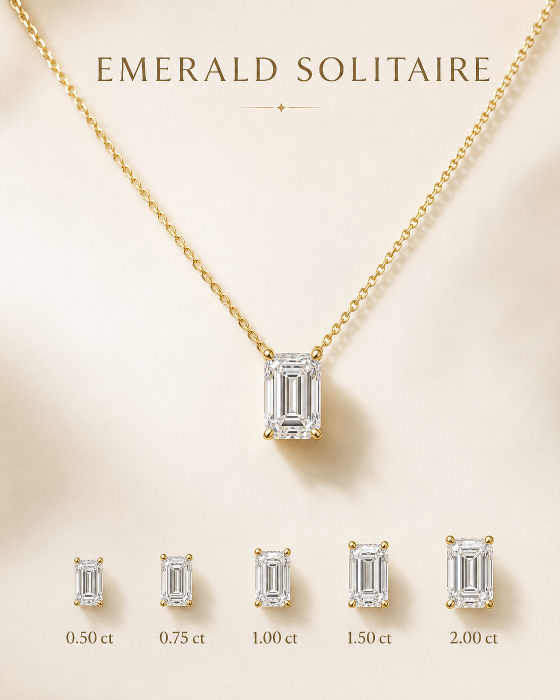 1Luxury Miami emerald-cut lab-grown or natural diamond solitaire necklace in solid gold with 18-inch cable-link chain — digital design representation