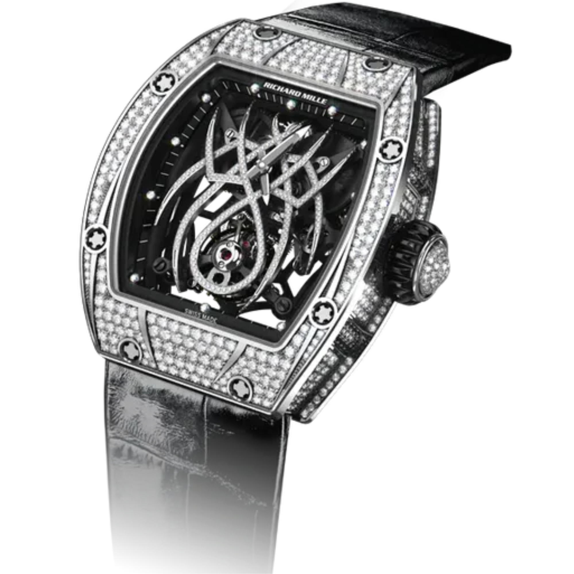 RM 19-01 Tourbillon Spider Black Alligator Strap Spider in Rhodium-Plated White Gold Set With Diamonds Dial White Gold Diamond Set Case