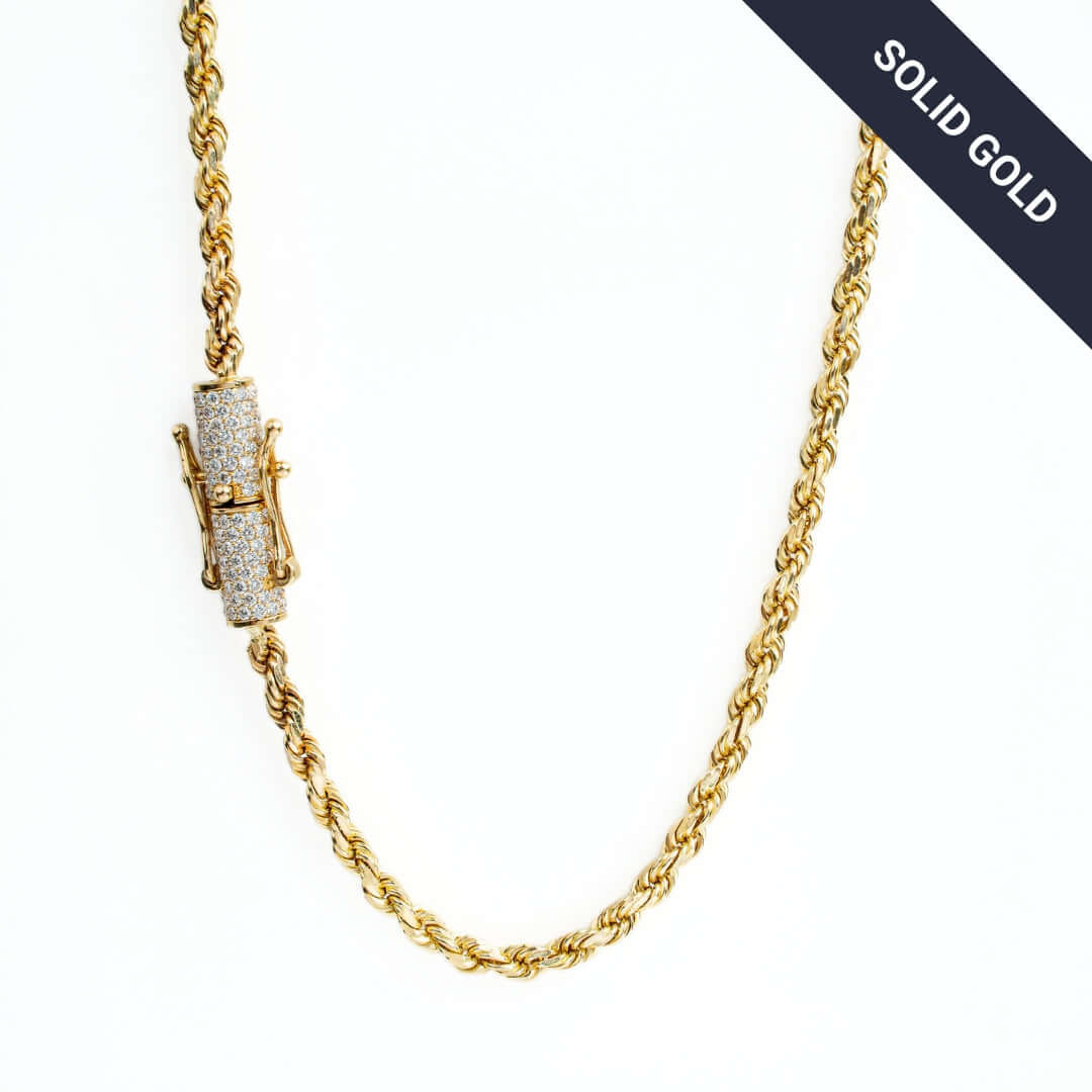 Rope Chain with Custom Diamond Lock - 4mm 14k Gold