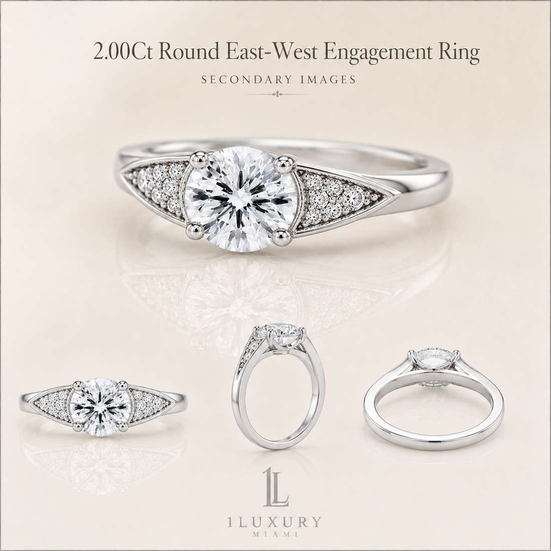 Round east-west lab-grown diamond engagement ring with tapered pavé shoulders in white gold-tone, four secondary views
