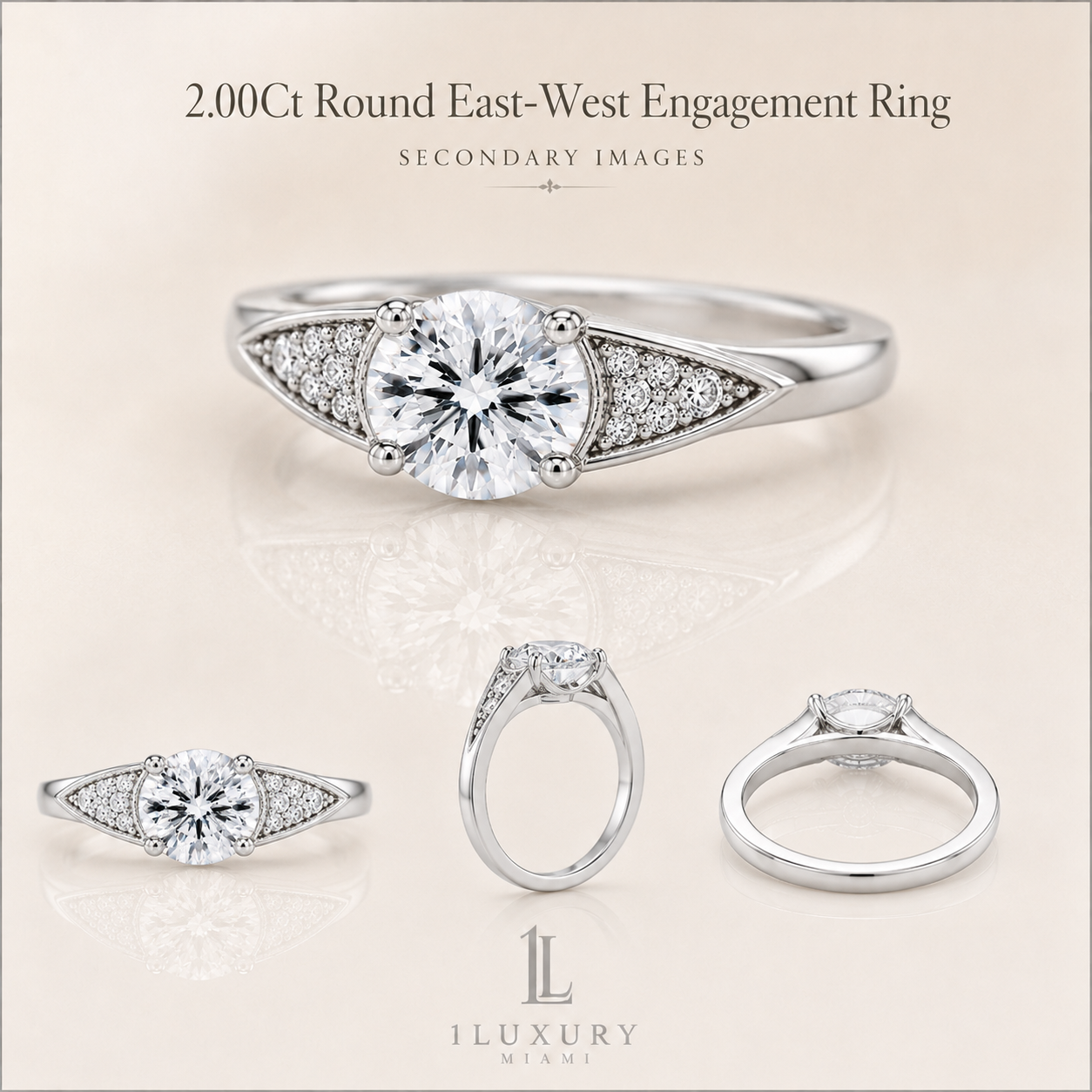 Round east-west lab-grown diamond engagement ring with tapered pavé shoulders in white gold-tone, four secondary views