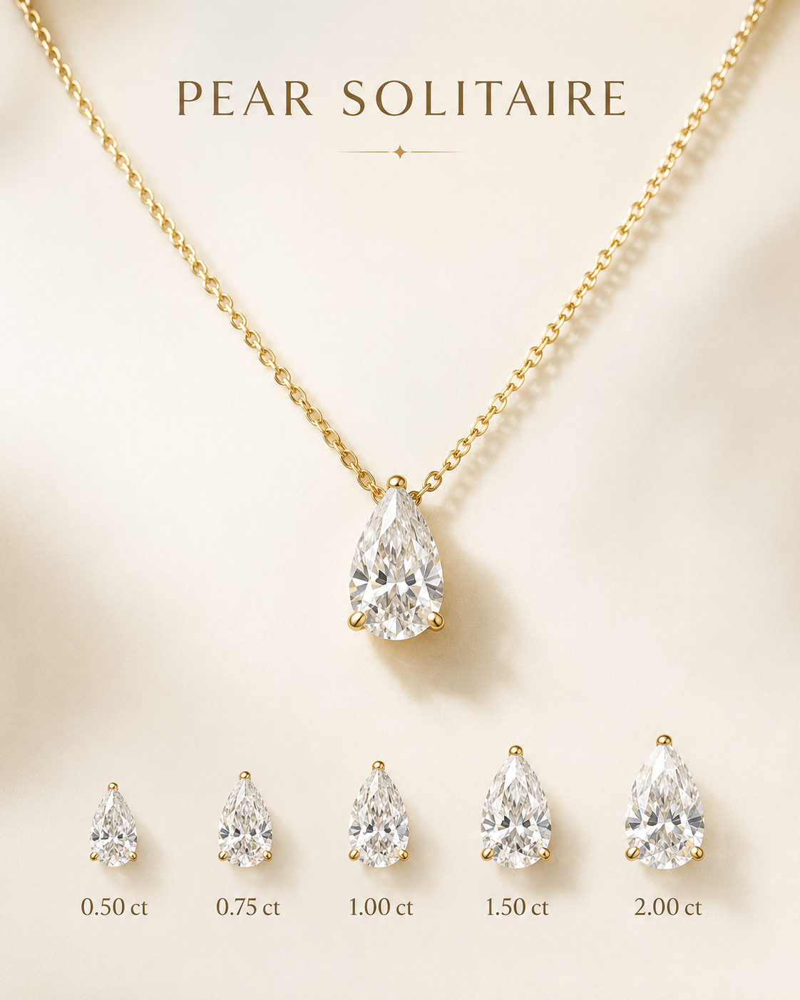 1Luxury Miami pear-cut lab-grown or natural diamond solitaire necklace in solid gold with 18-inch cable-link chain — digital design representation