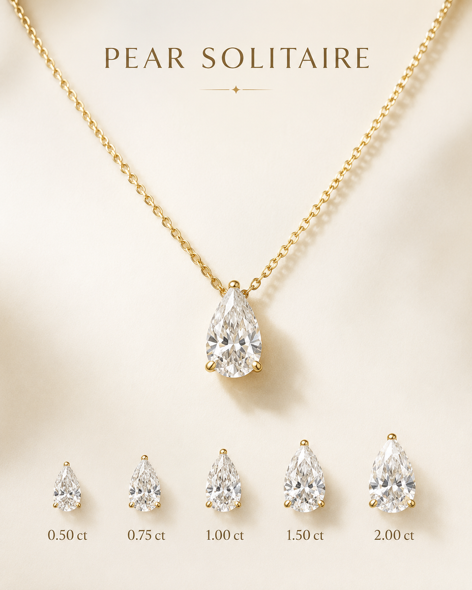 Pear-cut diamond solitaire necklace in solid gold on an 18-inch cable-link chain — digital design representation