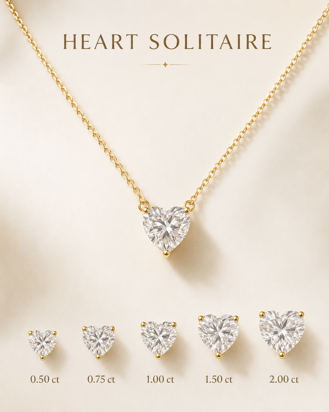 1Luxury Miami heart-cut lab-grown or natural diamond solitaire necklace in solid gold with 18-inch cable-link chain — digital design representation