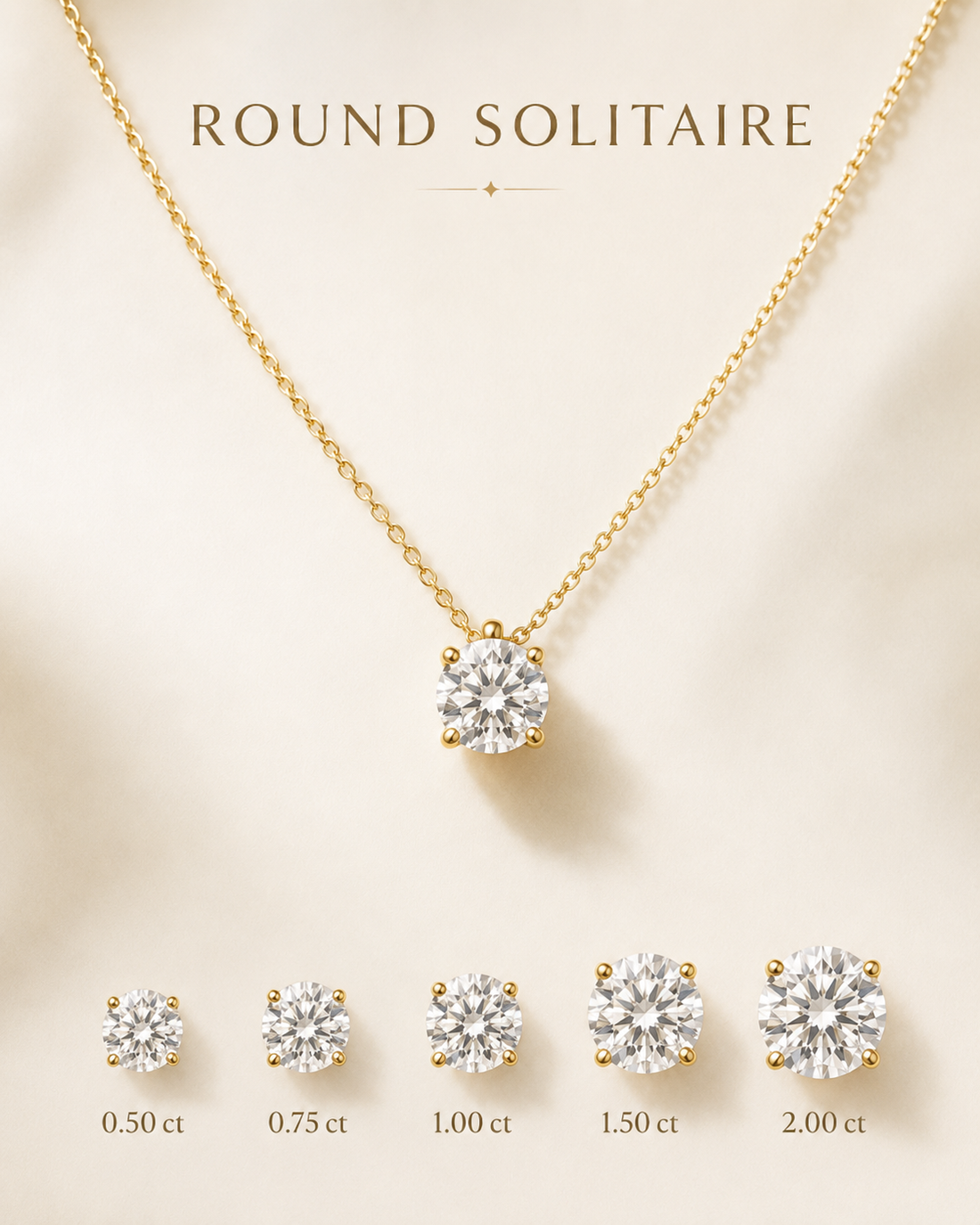 1Luxury Miami round-cut lab-grown or natural diamond solitaire necklace in solid gold with 18-inch cable-link chain — digital design representation
