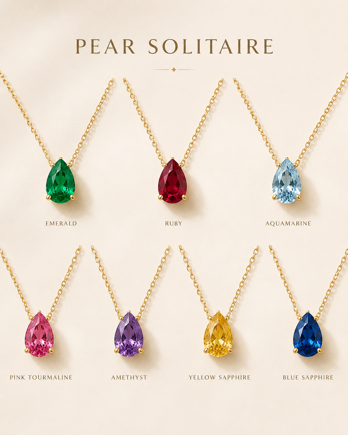 1Luxury Miami pear-cut blue sapphire solitaire necklace in solid gold with 18-inch cable-link chain — digital design representation