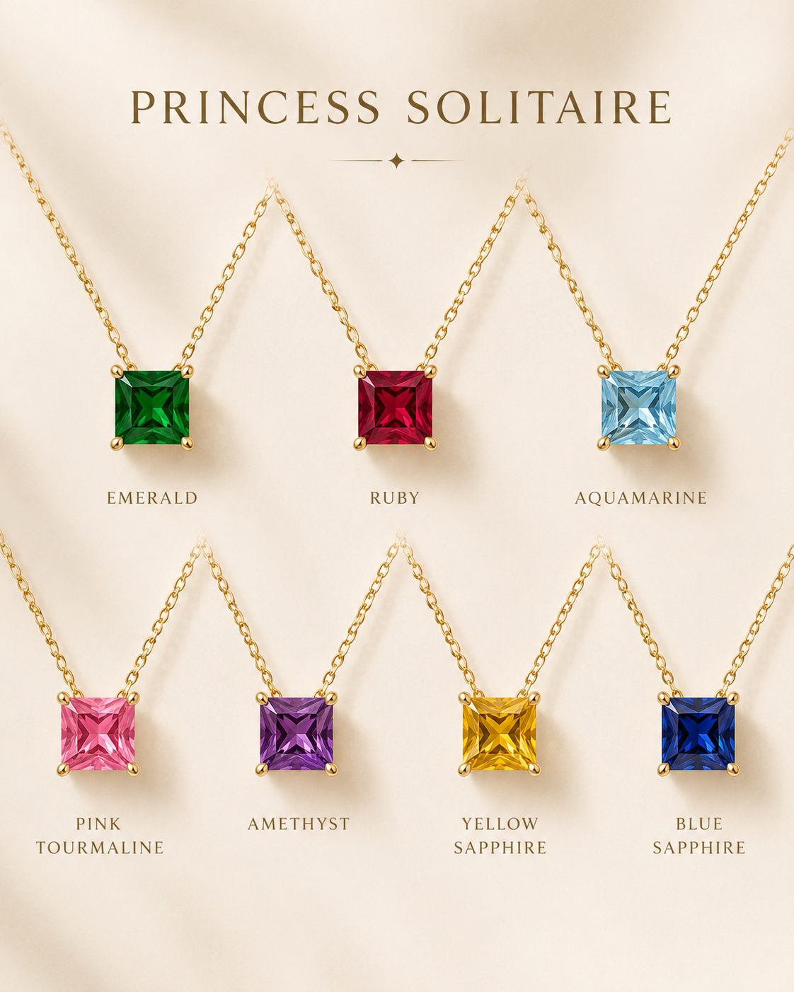 1Luxury Miami princess-cut pink tourmaline solitaire necklace in solid gold with 18-inch cable-link chain — digital design representation