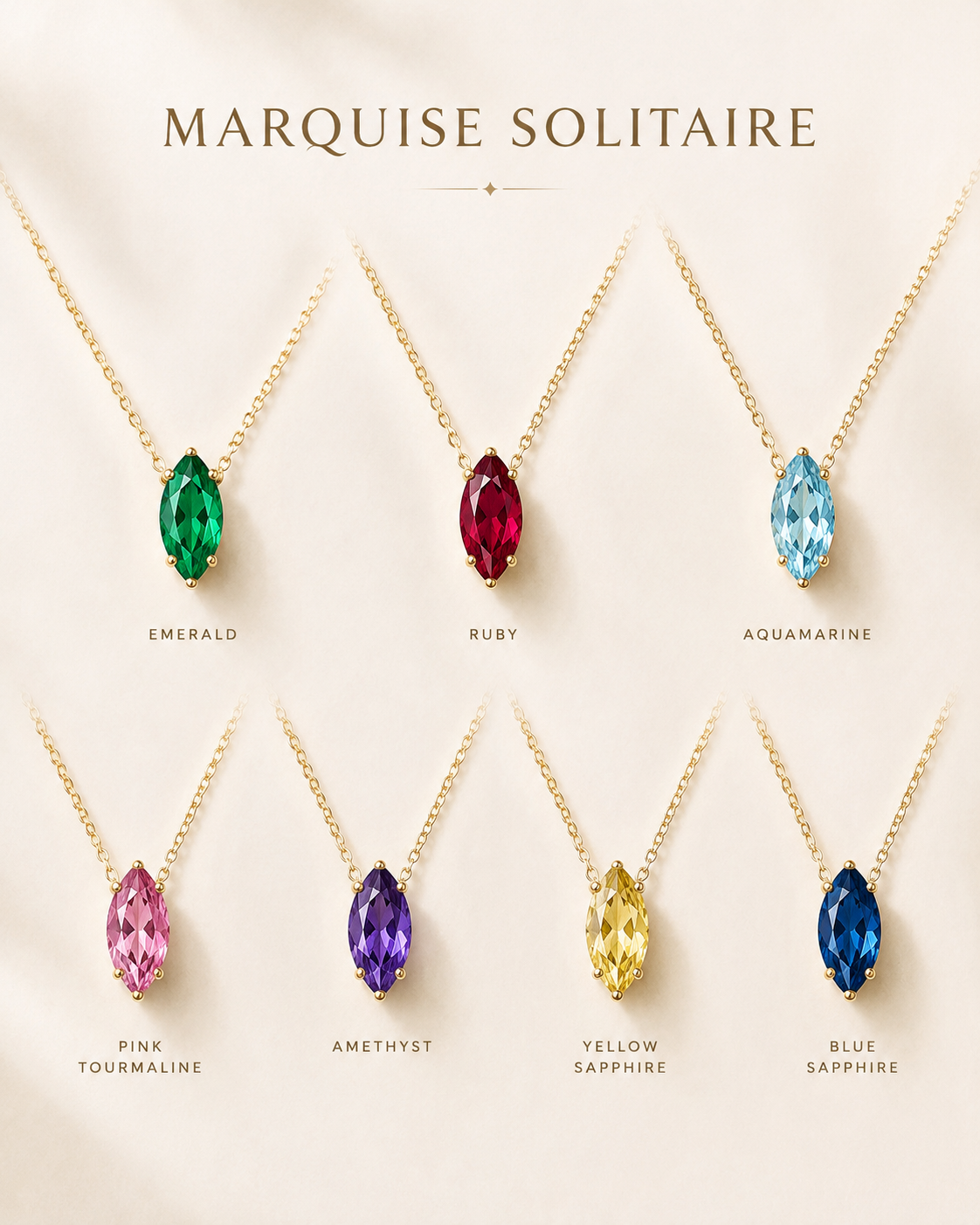 1Luxury Miami marquise-cut emerald solitaire necklace in solid gold with 18-inch cable-link chain — digital design representation