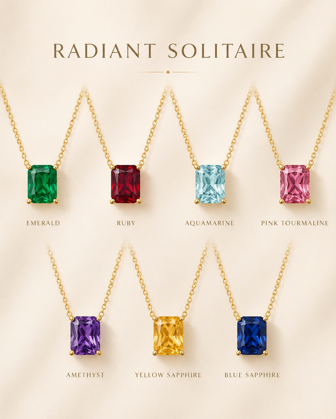 1Luxury Miami radiant-cut blue sapphire solitaire necklace in solid gold with 18-inch cable-link chain — digital design representation