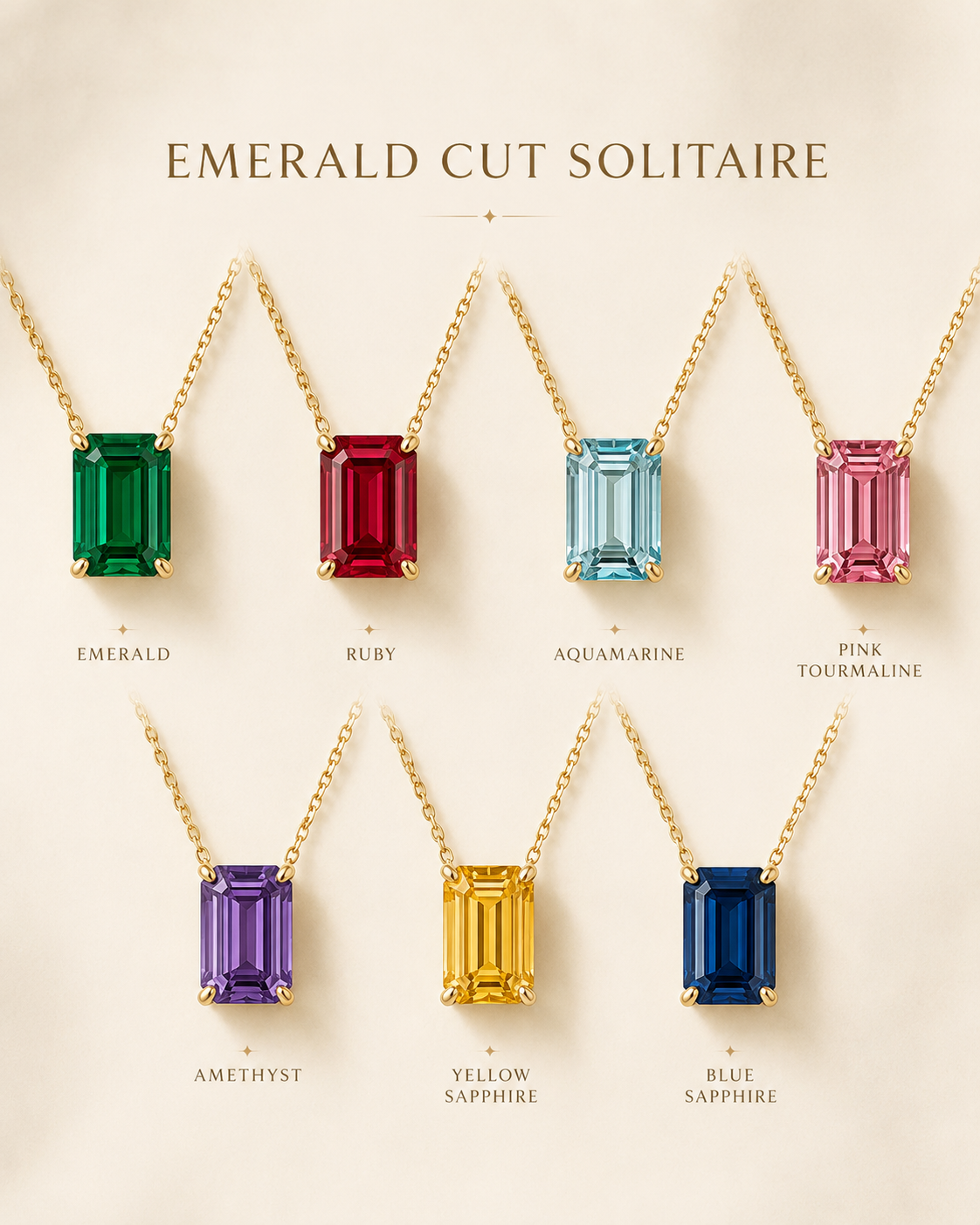 1Luxury Miami emerald-cut aquamarine solitaire necklace in solid gold with 18-inch cable-link chain — digital design representation