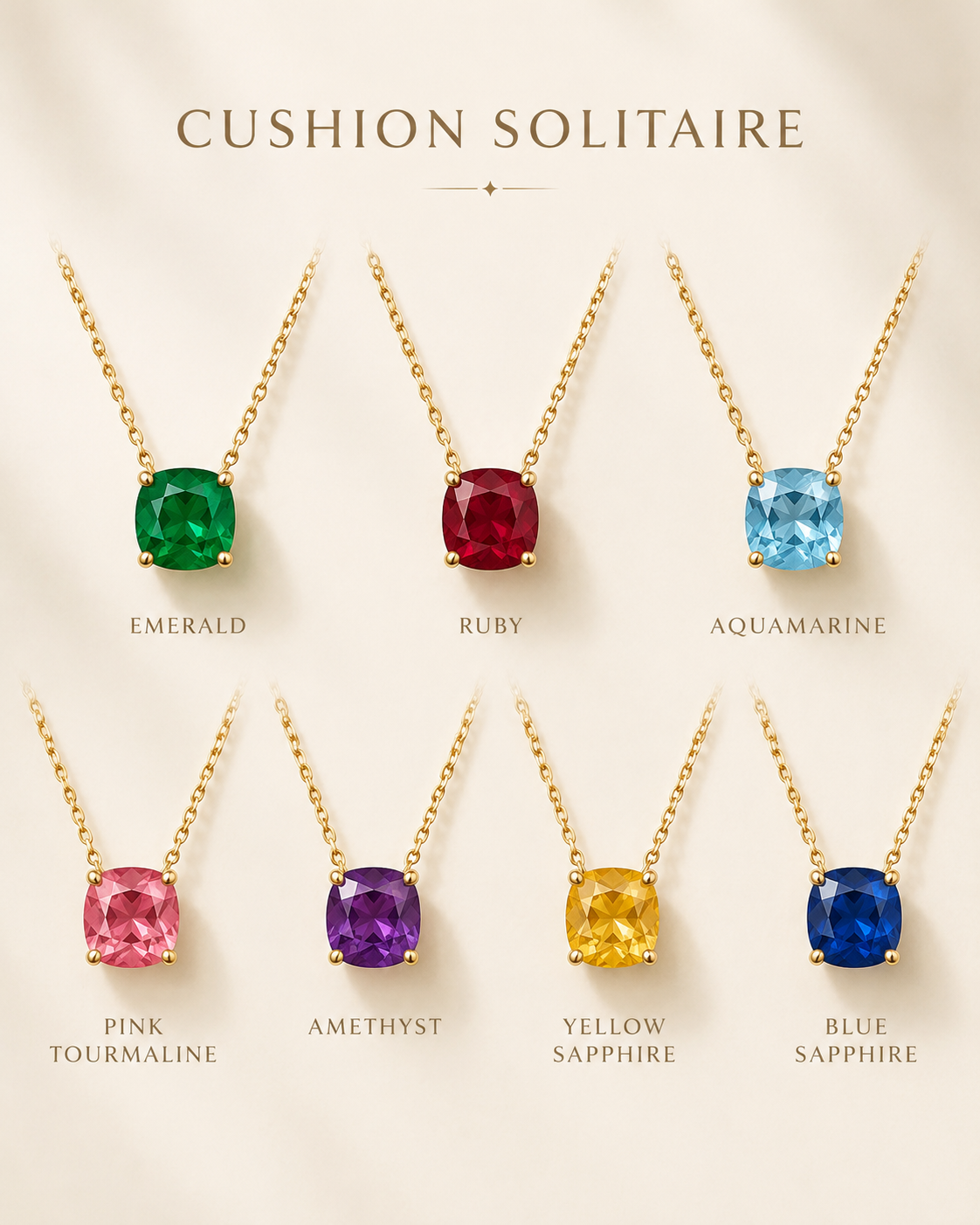 1Luxury Miami cushion-cut pink tourmaline solitaire necklace in solid gold with 18-inch cable-link chain — digital design representation