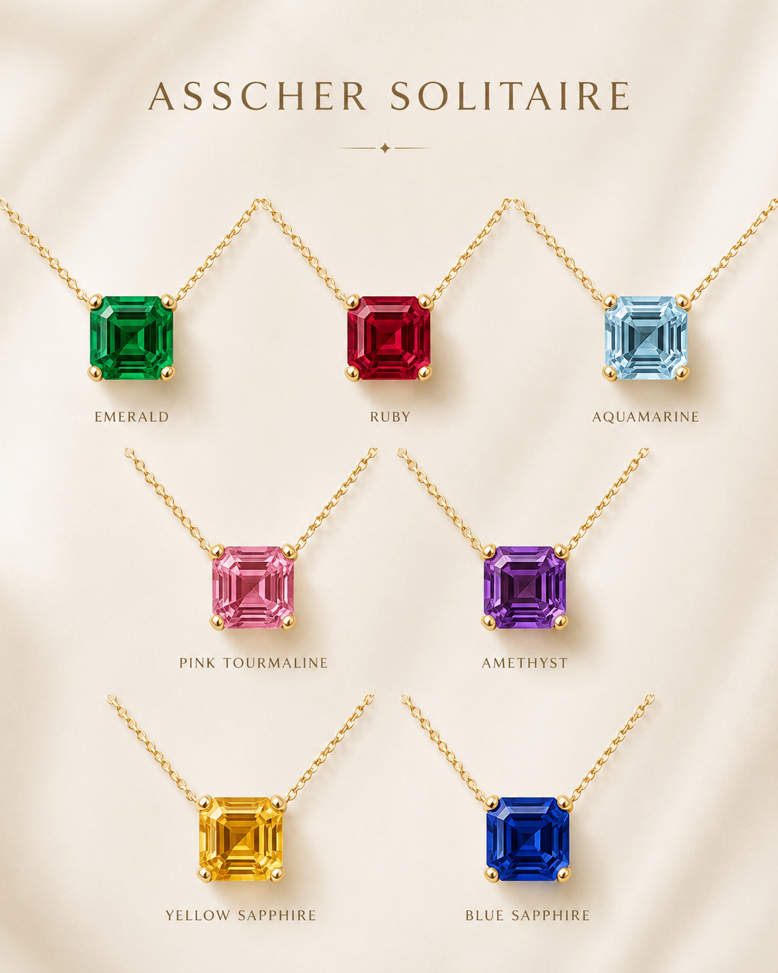 1Luxury Miami asscher-cut amethyst solitaire necklace in solid gold with 18-inch cable-link chain — digital design representation