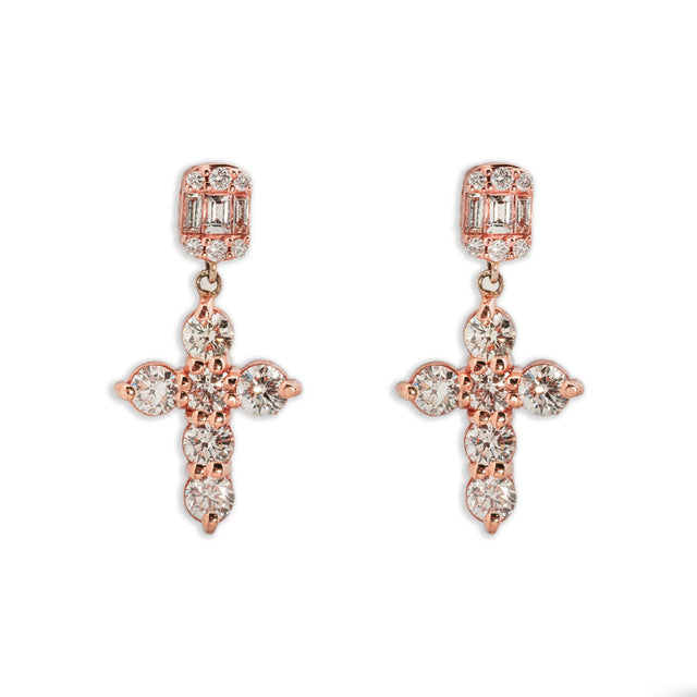3.27 CTW Cross Earrings with Baguettes in 14K Rose Gold
