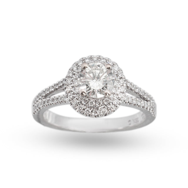 Round double halo natural diamond engagement ring with split-shank pavé band in white gold, front view — Design 6