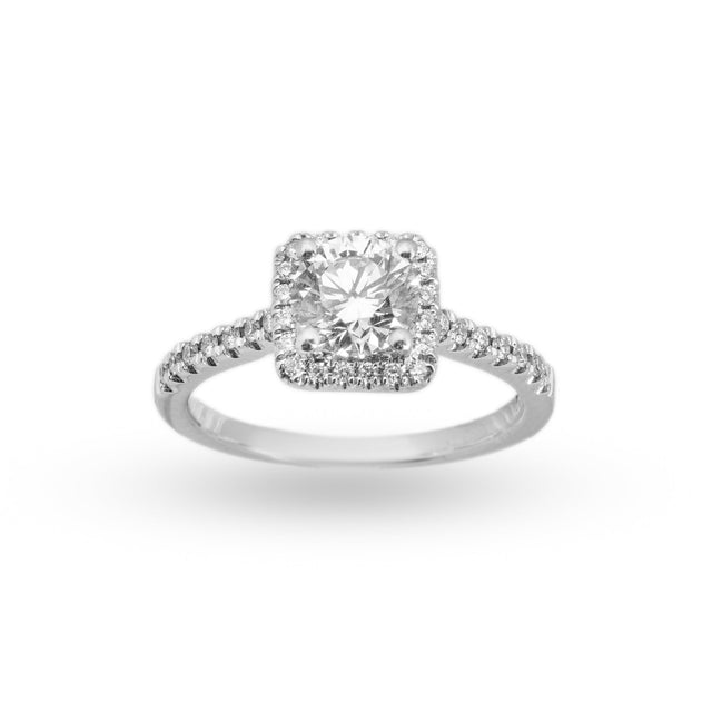 Cushion halo natural diamond engagement ring with pavé band in white gold, front view — Design 9