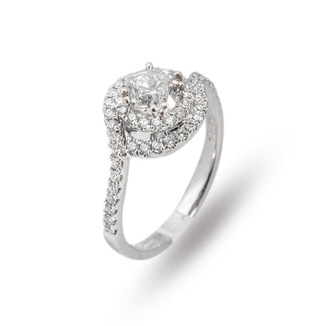 Round halo natural diamond engagement ring with twisted pavé band in white gold, three-quarter view — Design 7