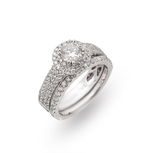 Round double halo natural diamond engagement ring with multi-row pavé band in white gold, three-quarter view — Design 10