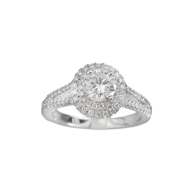 Round double halo natural diamond engagement ring with split-shank pavé band in white gold, front view — Design 1