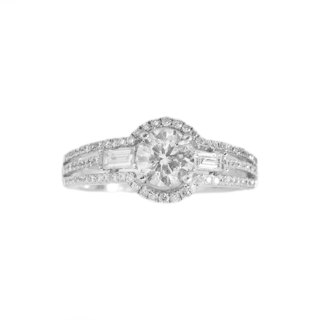Round halo natural diamond engagement ring with baguette side stones in white gold, front view — Design 2