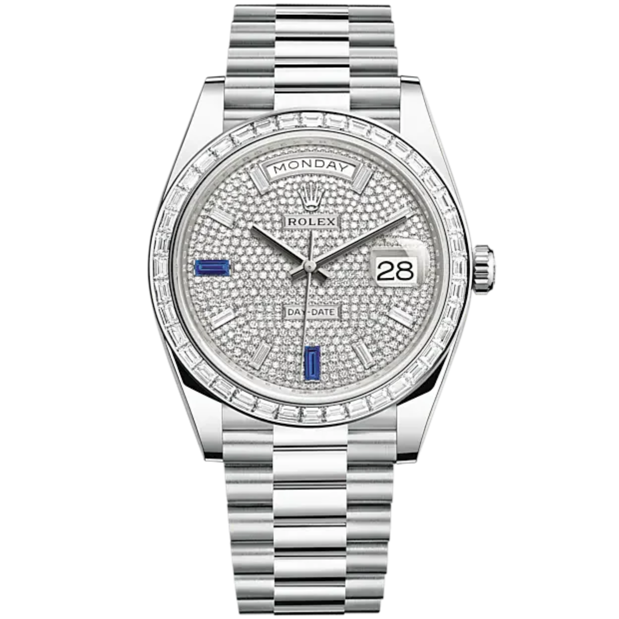 Rolex Ref. 228396TBR Pave Dial Day-Date Sapphire 6/9 Markers Baguette Bezel