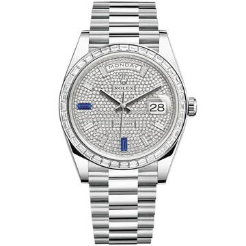 Rolex Ref. 228396TBR Pave Dial Day-Date Sapphire 6/9 Markers Baguette Bezel
