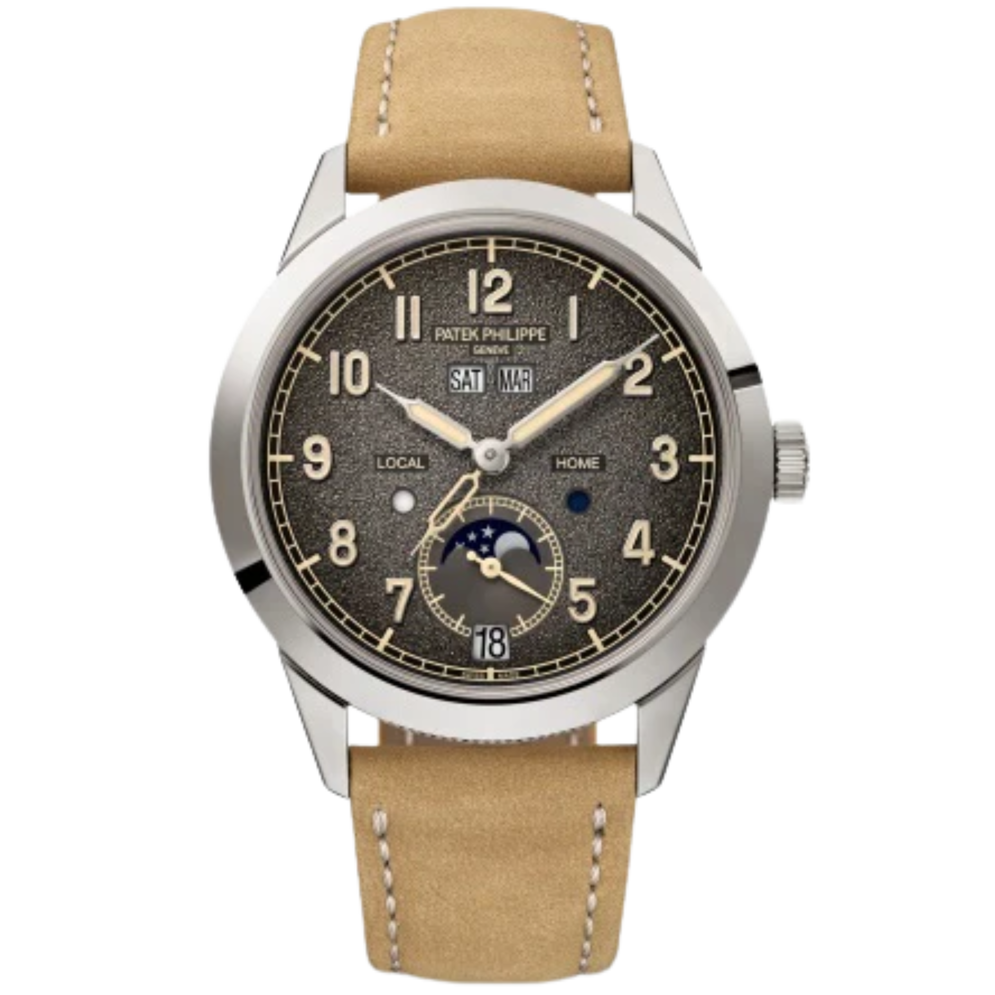 5326G Complications 41mm Nubuck Beige/Embossed Black Calfskin Strap Textured Charcoal Gray Gradient Black Rim Dial White Gold Bezel