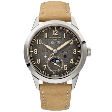 5326G Complications 41mm Nubuck Beige/Embossed Black Calfskin Strap Textured Charcoal Gray Gradient Black Rim Dial White Gold Bezel