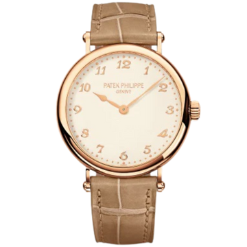 7200R Calatrava 34.6mm Matte Pearly Beige Alligator Strap Silvery-Grained Dial Rose Gold Bezel