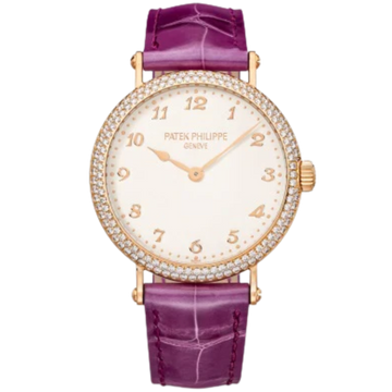 7200/200R Calatrava 34.6mm Shiny Royal Purple Alligator Strap Silvery-Grained Dial Diamond Case-set Rose Gold Bezel