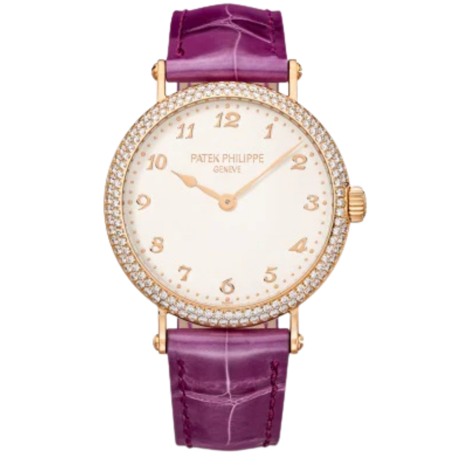Patek Philippe Calatrava ref. 7200/200R-001 rose gold diamond-set bezel purple alligator strap