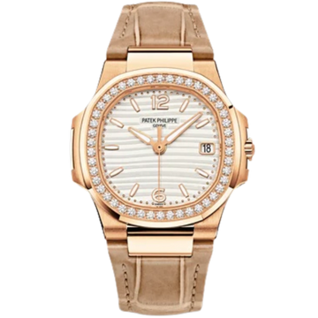 7010R Nautilus Beige Shiny Alligator Strap White Gold Embossed Dial Rose Gold Octagonal Diamond Bezel