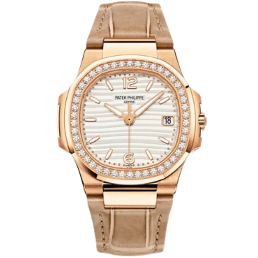Patek Philippe Nautilus ref. 7010R rose gold diamond bezel beige alligator strap