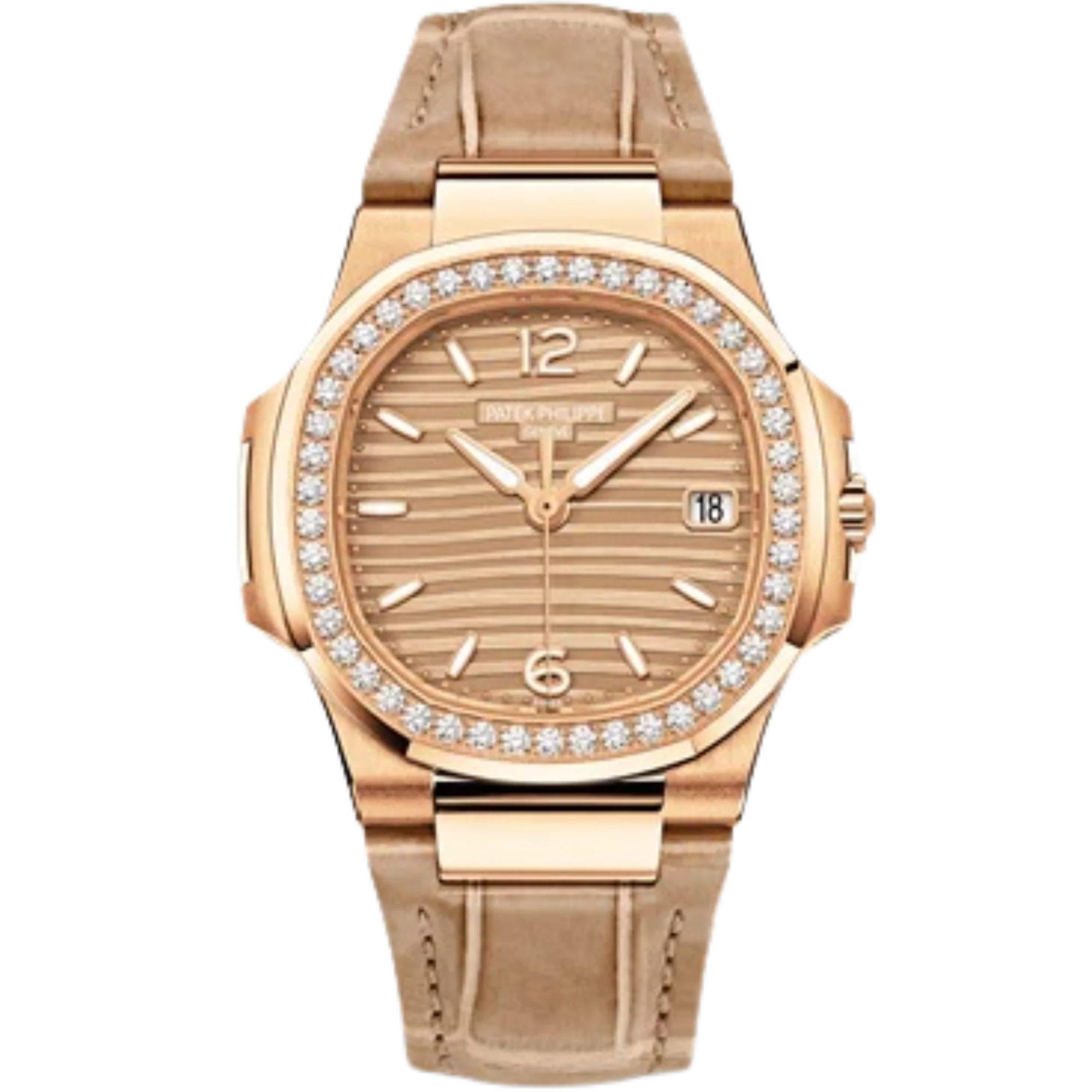 7010R-012 Nautilus Beige Shiny Alligator Strap Golden Embossed Dial Rose Gold Octagonal Diamond Bezel