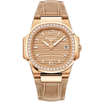 7010R-012 Nautilus Beige Shiny Alligator Strap Golden Embossed Dial Rose Gold Octagonal Diamond Bezel