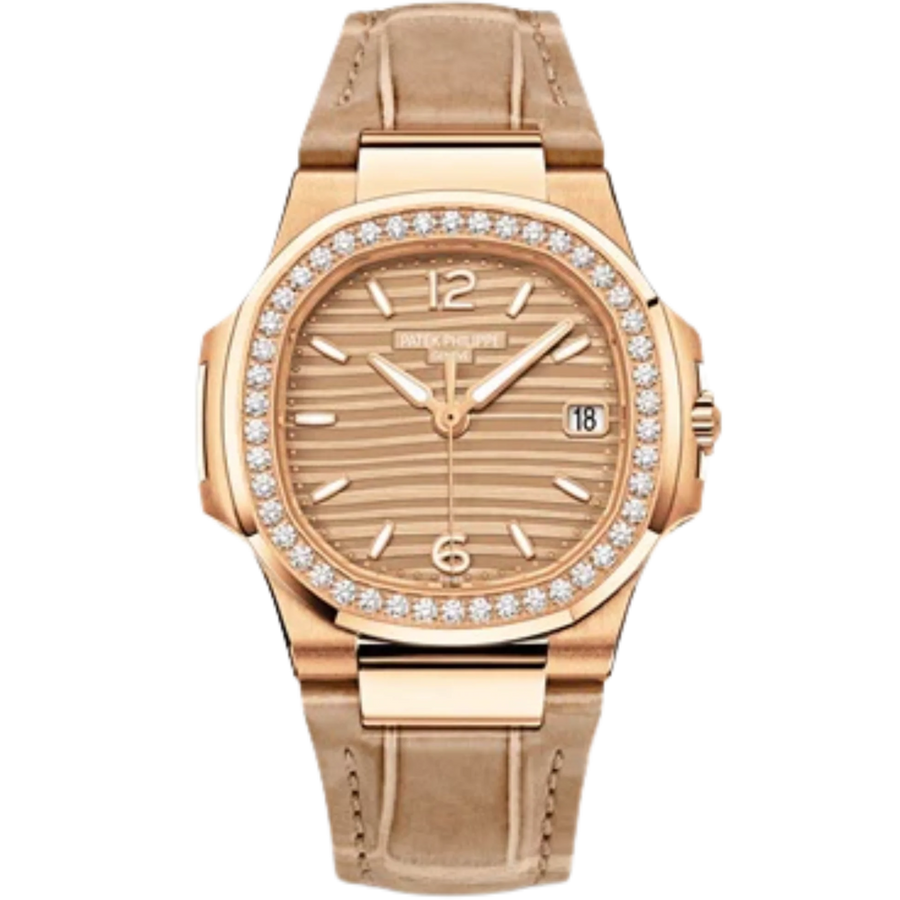 Patek Philippe Nautilus ref. 7010R-012 rose gold golden dial diamond bezel beige strap