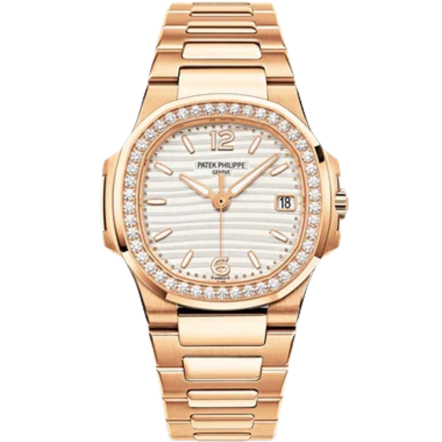 Patek Philippe Nautilus ref. 7010/1R rose gold silvery opaline dial diamond bezel bracelet