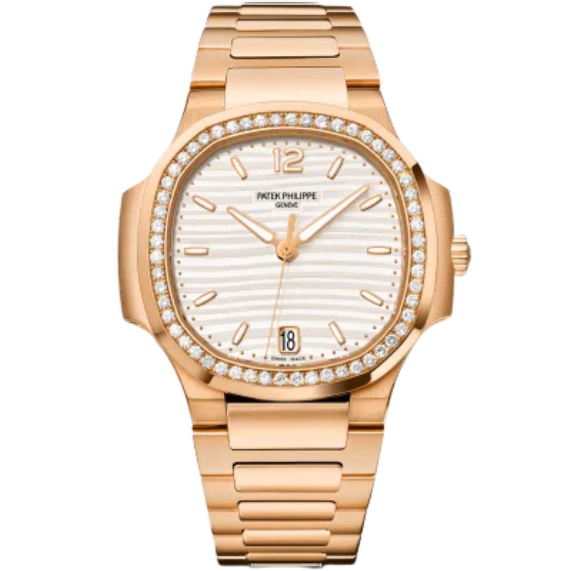 Patek Philippe Nautilus Ladies Ref. 7118-1200R-001 Rose Gold Bracelet Silvery Opaline Embossed Dial