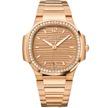 7118-1200R-010 Nautilus Ladies 35.2mm Rose Gold Bracelet Golden Brown Opaline Embossed Dial Octagonal Diamond Bezel