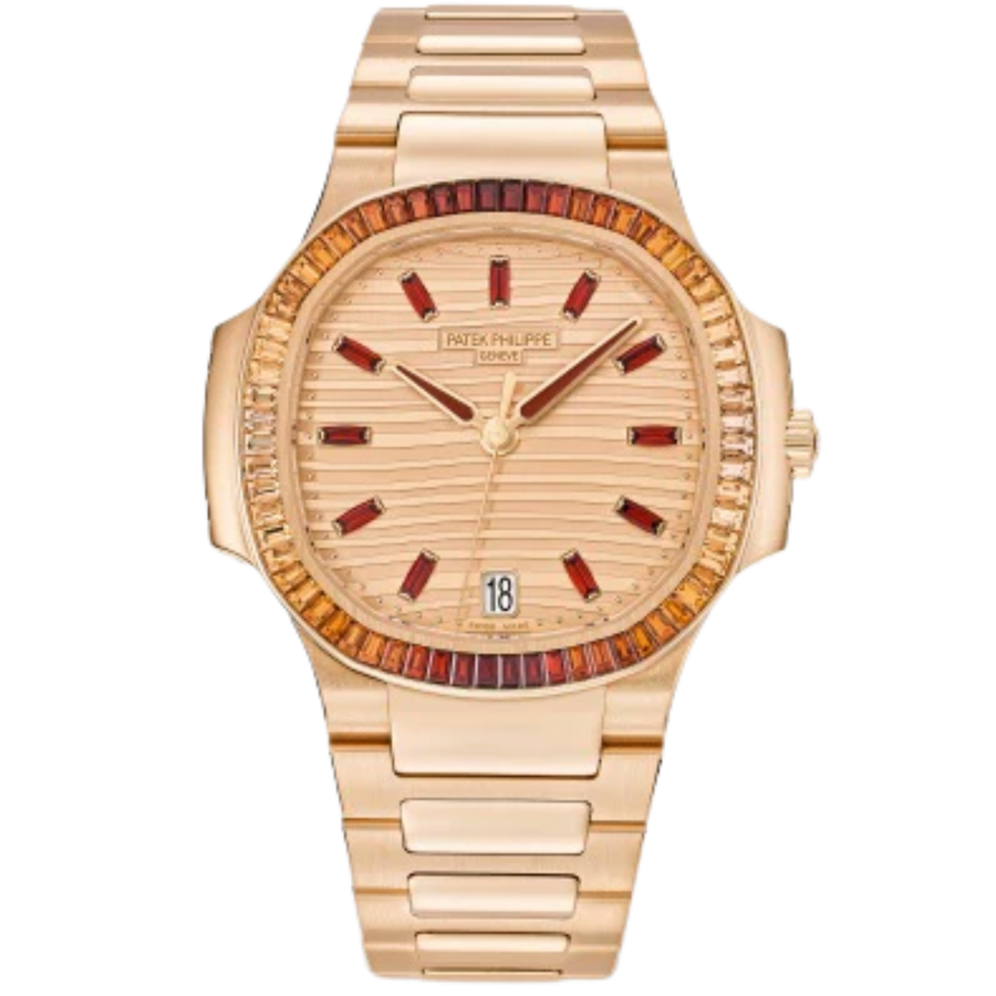 Patek Philippe Nautilus ref. 7118/1300R rose gold bracelet rose-gilt dial spessartite bezel